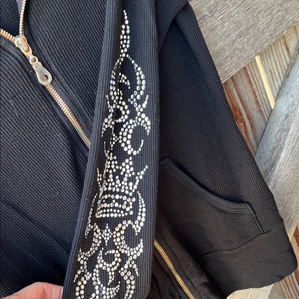 Black Zip-Up Hoodie with Rhinestone Accents - Picture 2 of 3